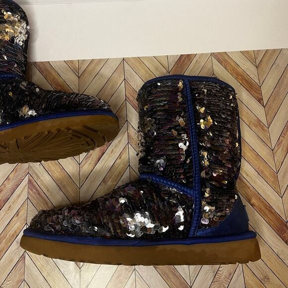 UGG Classic Short Sequin Winter Boots with Plush Wool Lining Blue Women's Size 7 - Picture 6 of 13